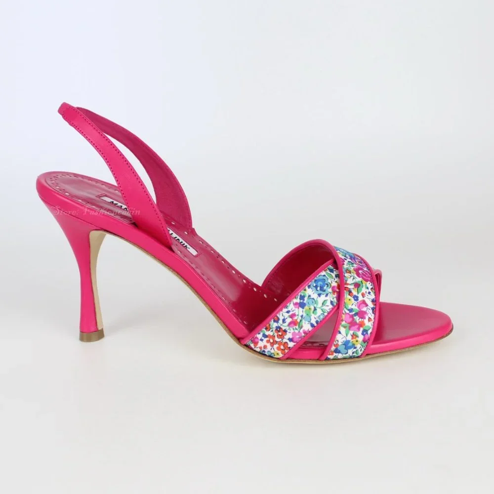 NEW MANOLO BLAHNIK Floral Leather Slingback Sandals - Work to Dinner Summer Heel - Picture 7 of 13
